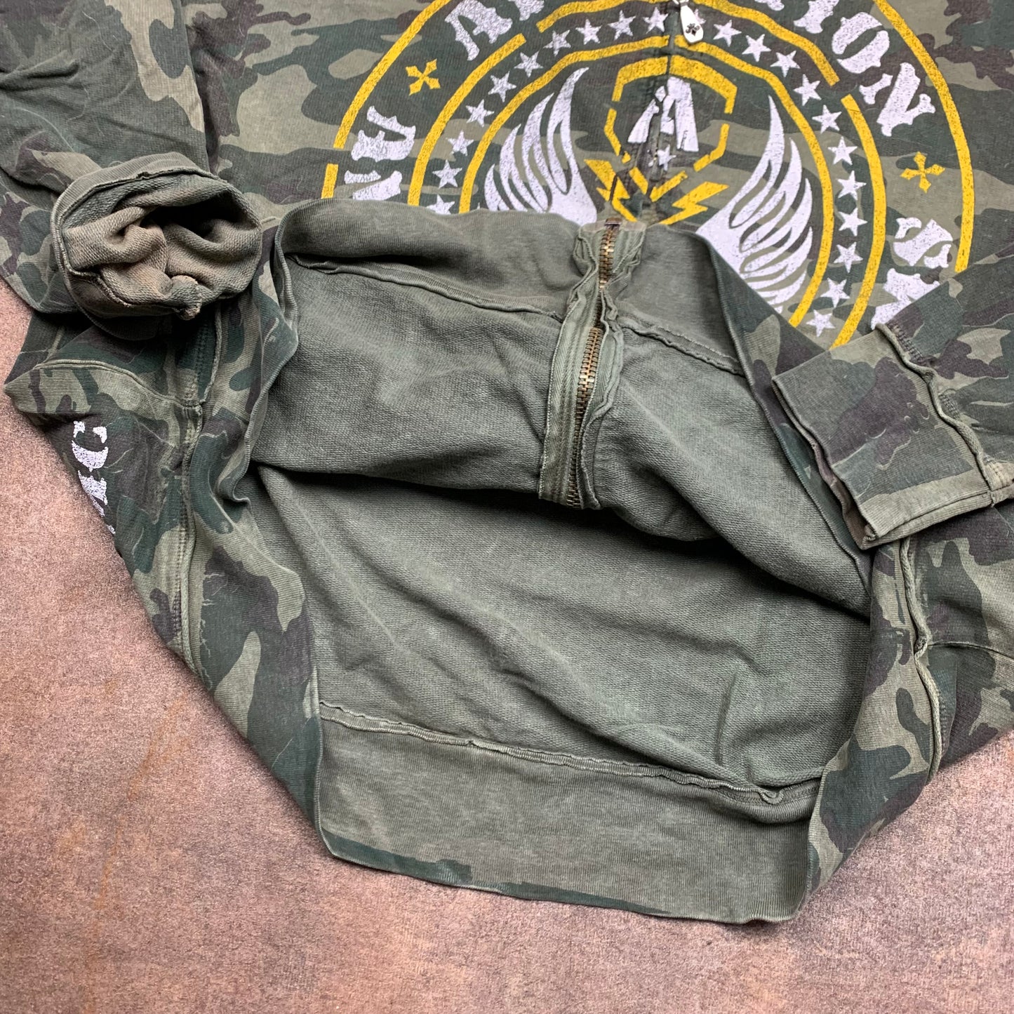 Affliction camo graphic khaki zip hoodie