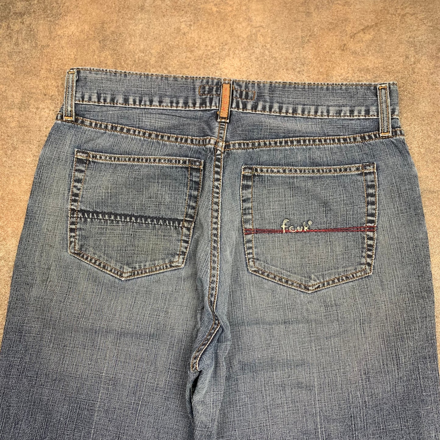 FCUK 00s blue baggy flared embroidered jeans