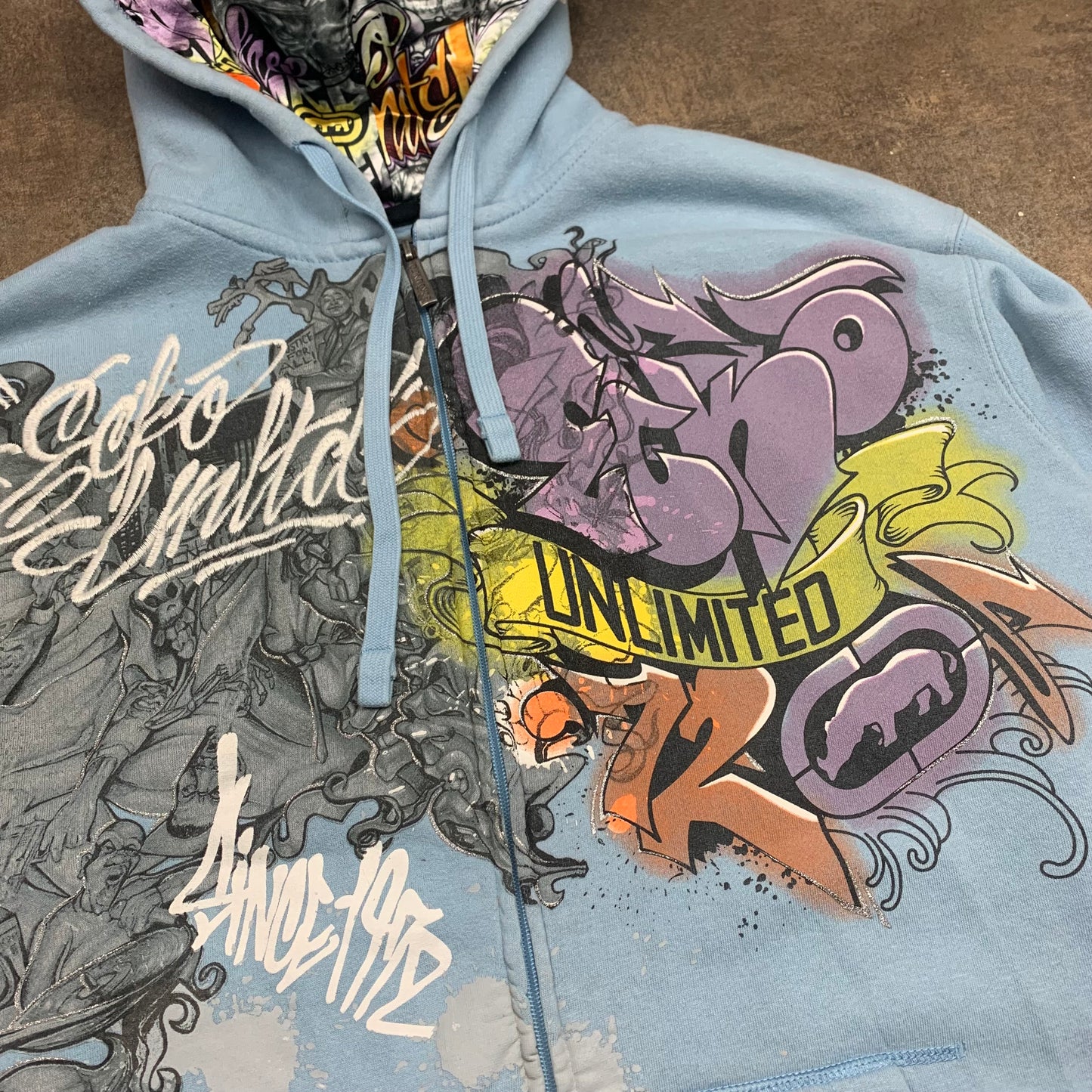 Ecko Unltd 00s light blue graphic graffiti hoodie