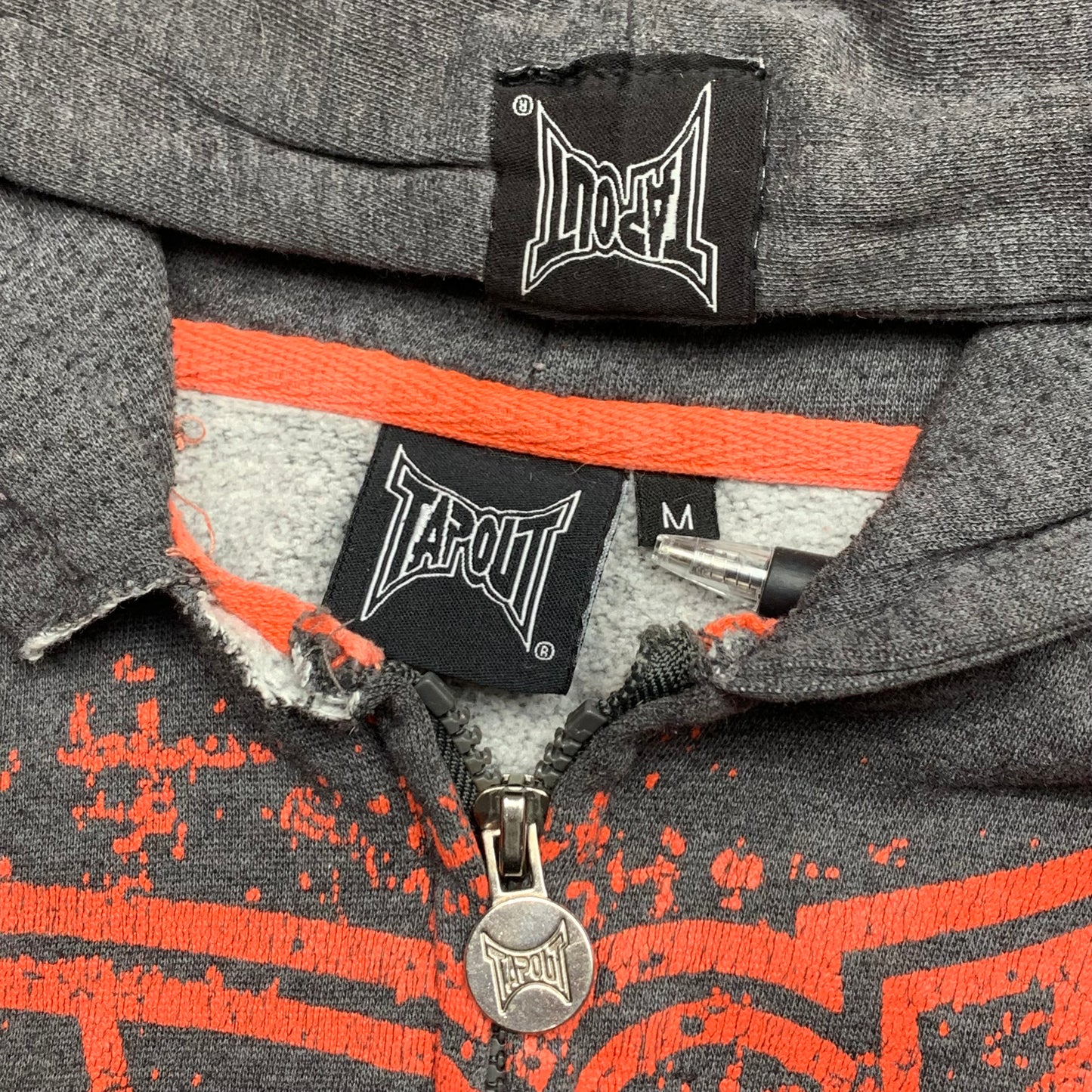 Tapout 00s grey orange grunge graphic zip hoodie