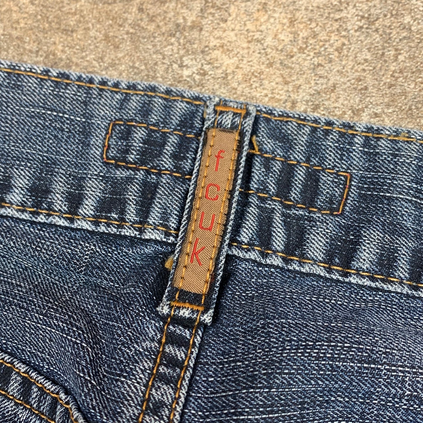 FCUK 00s blue baggy flared embroidered jeans