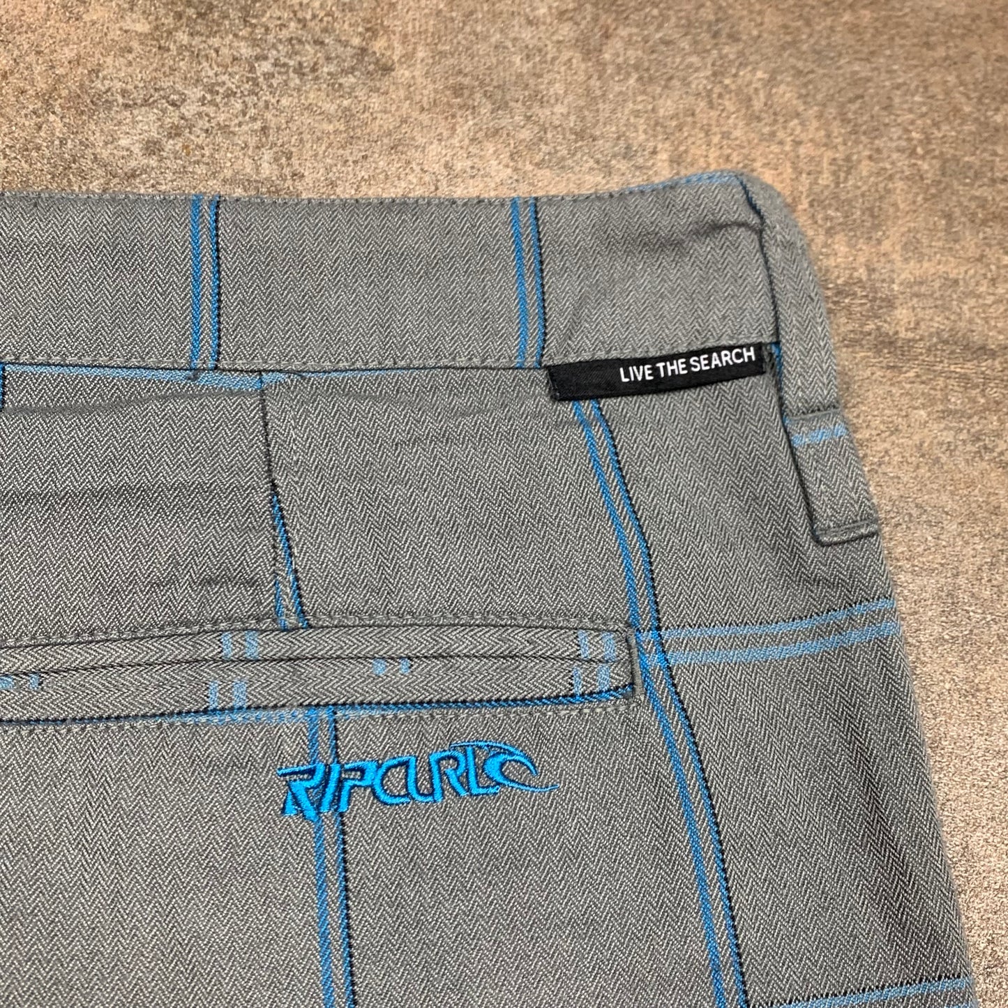 Rip Curl plaid baggy grey blue shorts