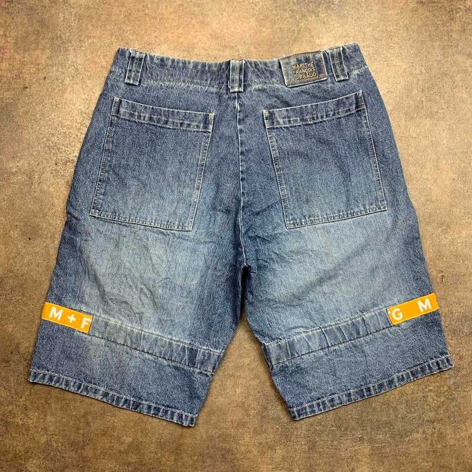 Marithé + François Girbaud 00s baggy navy blue yellow denim velcro jorts
