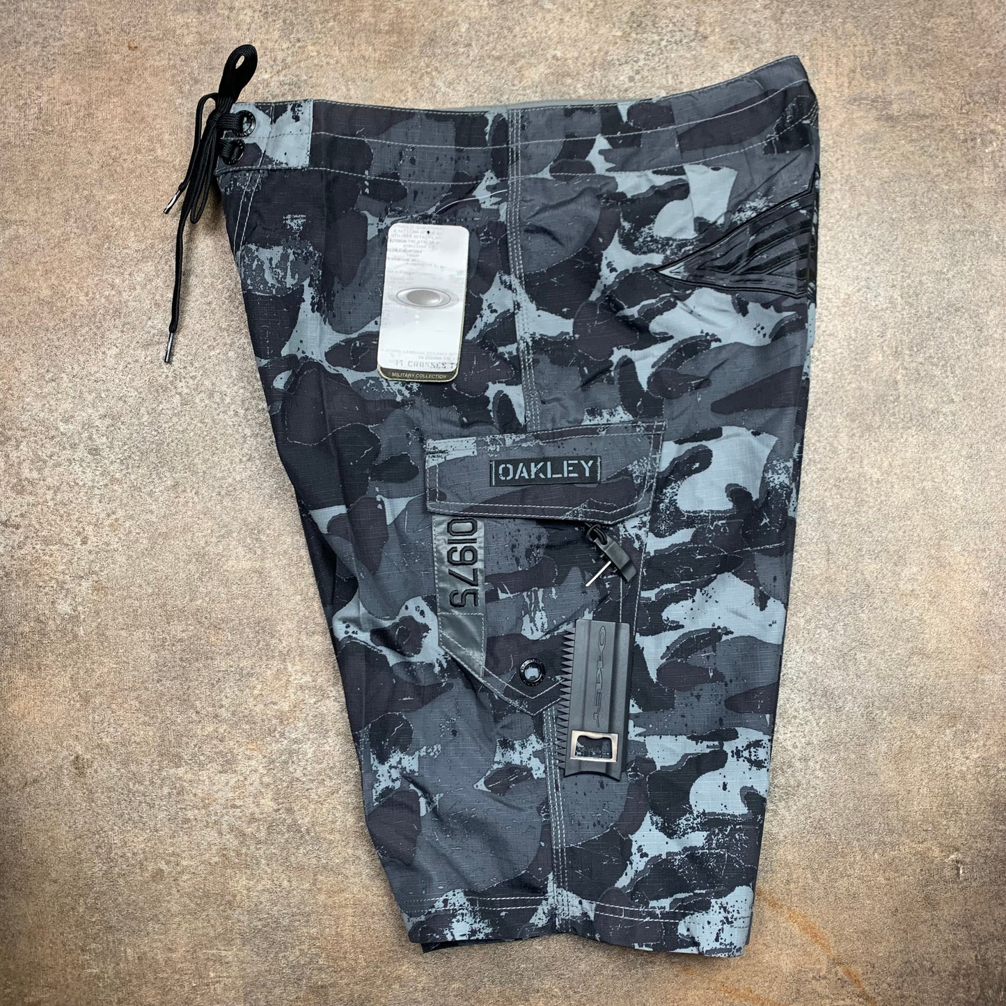 Oakley 00s black grey camo graphic boardshorts