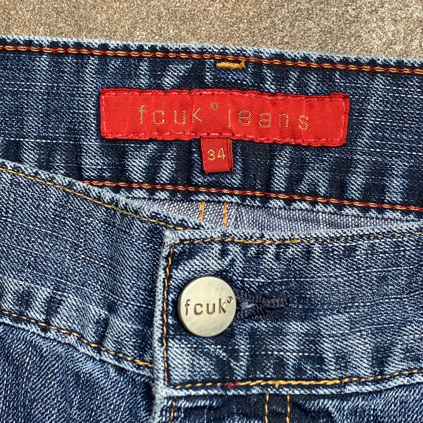 FCUK 00s blue baggy flared embroidered jeans