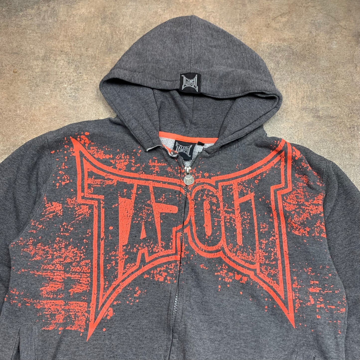 Tapout 00s grey orange grunge graphic zip hoodie
