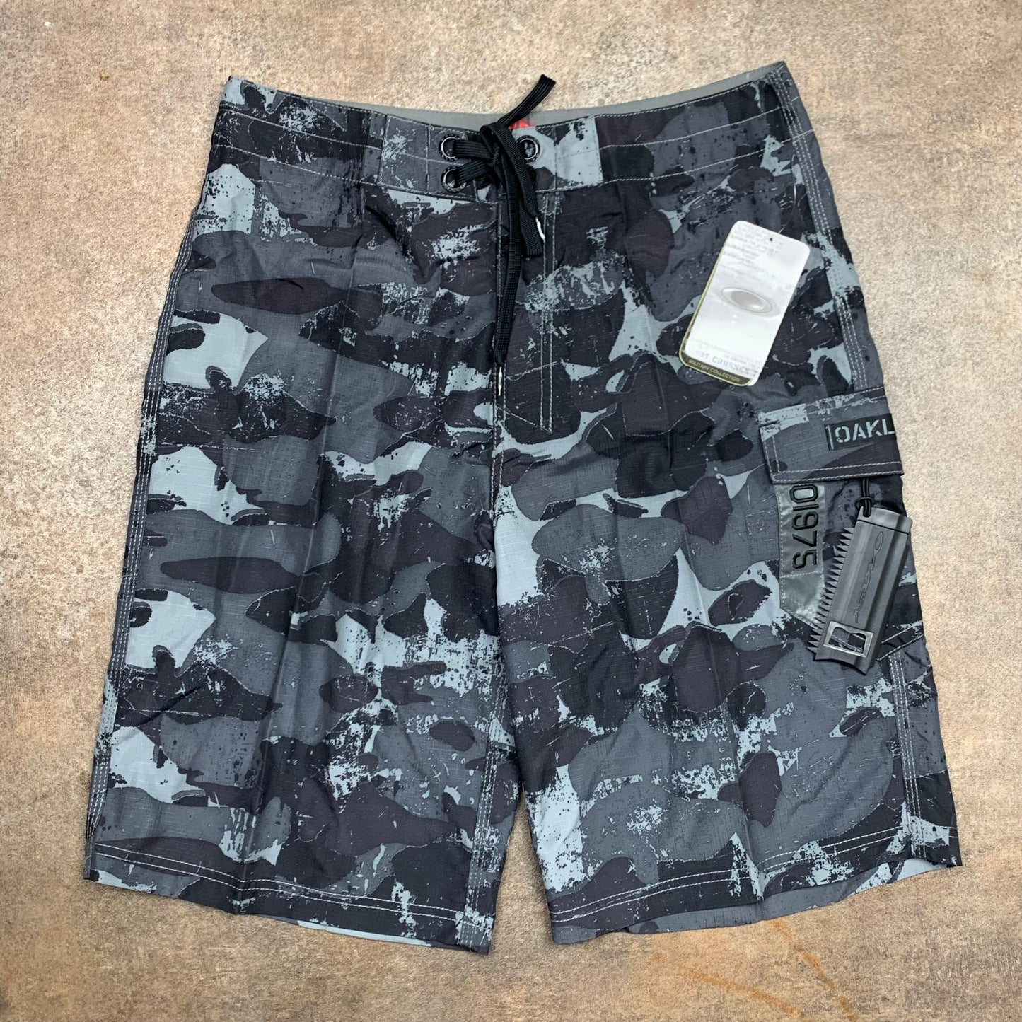 Oakley 00s black grey camo graphic boardshorts