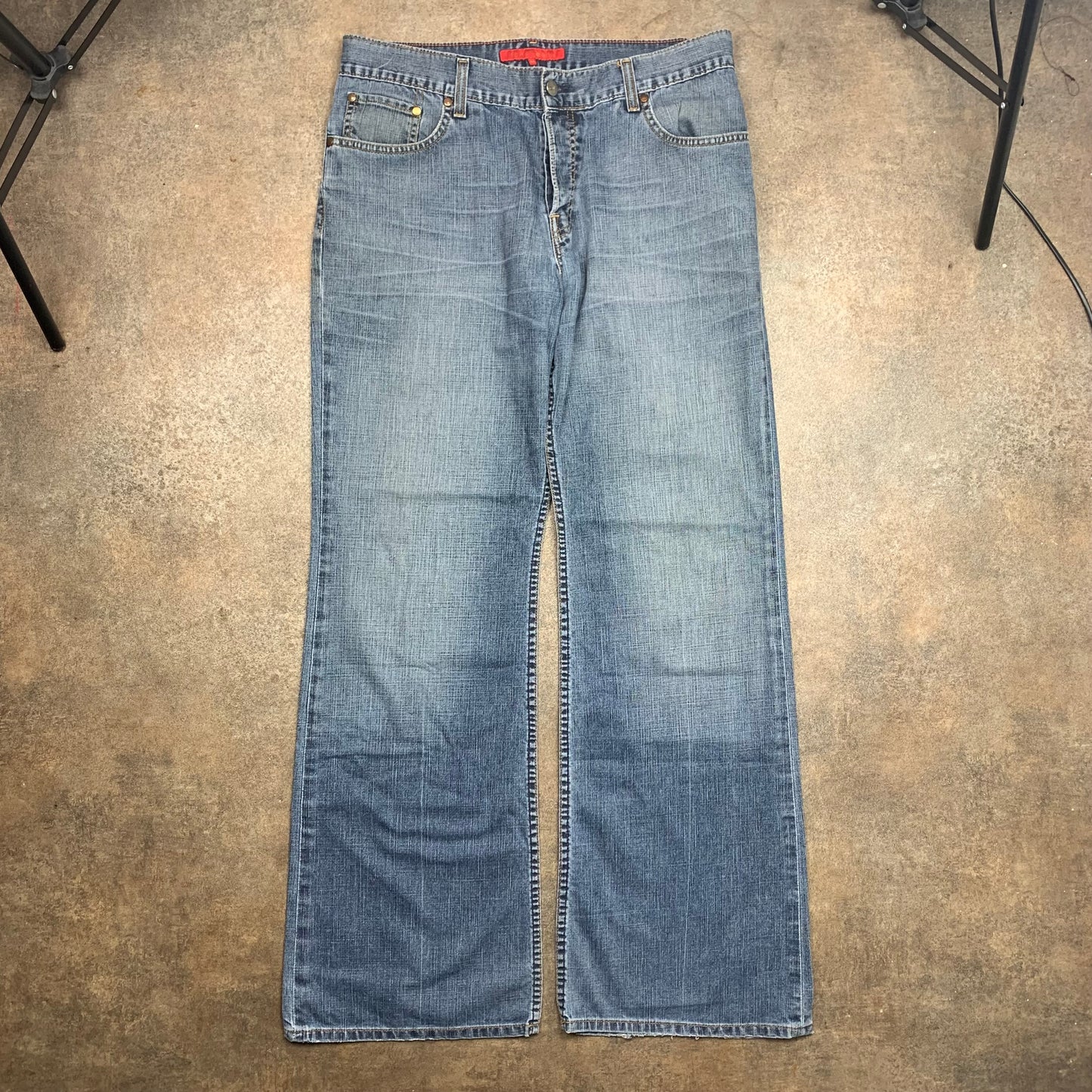 FCUK 00s blue baggy flared embroidered jeans