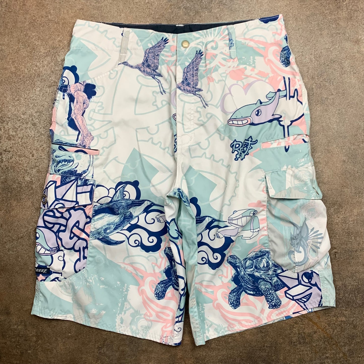 Reef light blue graphic baggy cargo shorts