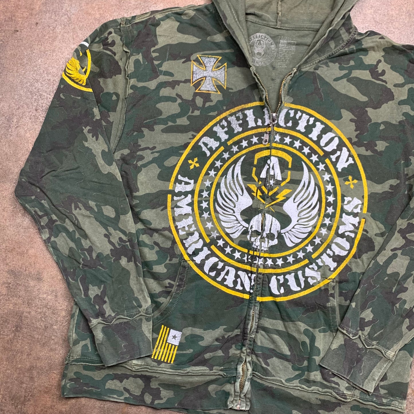 Affliction camo graphic khaki zip hoodie