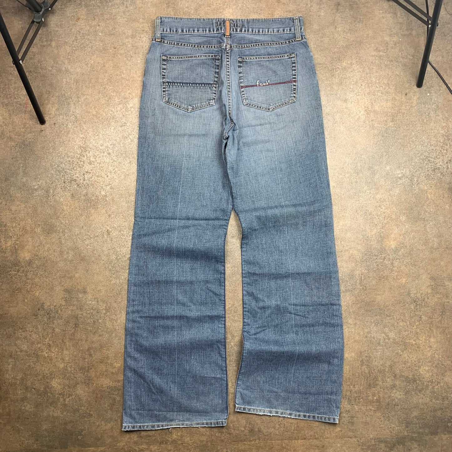 FCUK 00s blue baggy flared embroidered jeans