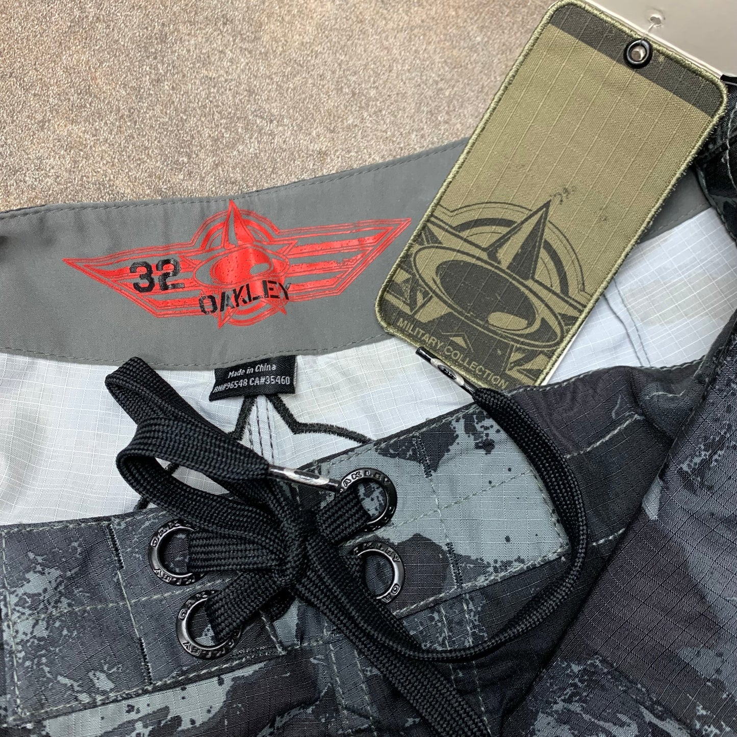 Oakley 00s black grey camo graphic boardshorts