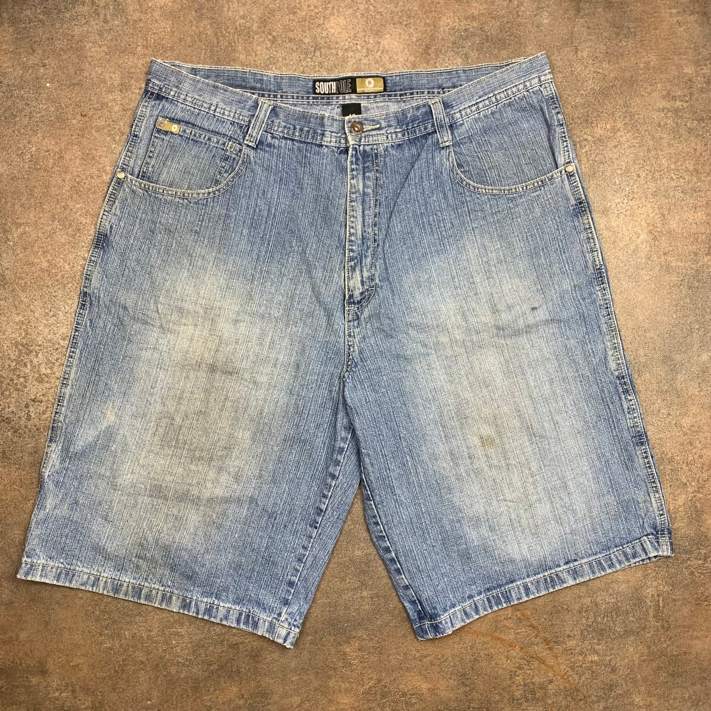 Southpole 00s blue baggy beige tab jorts
