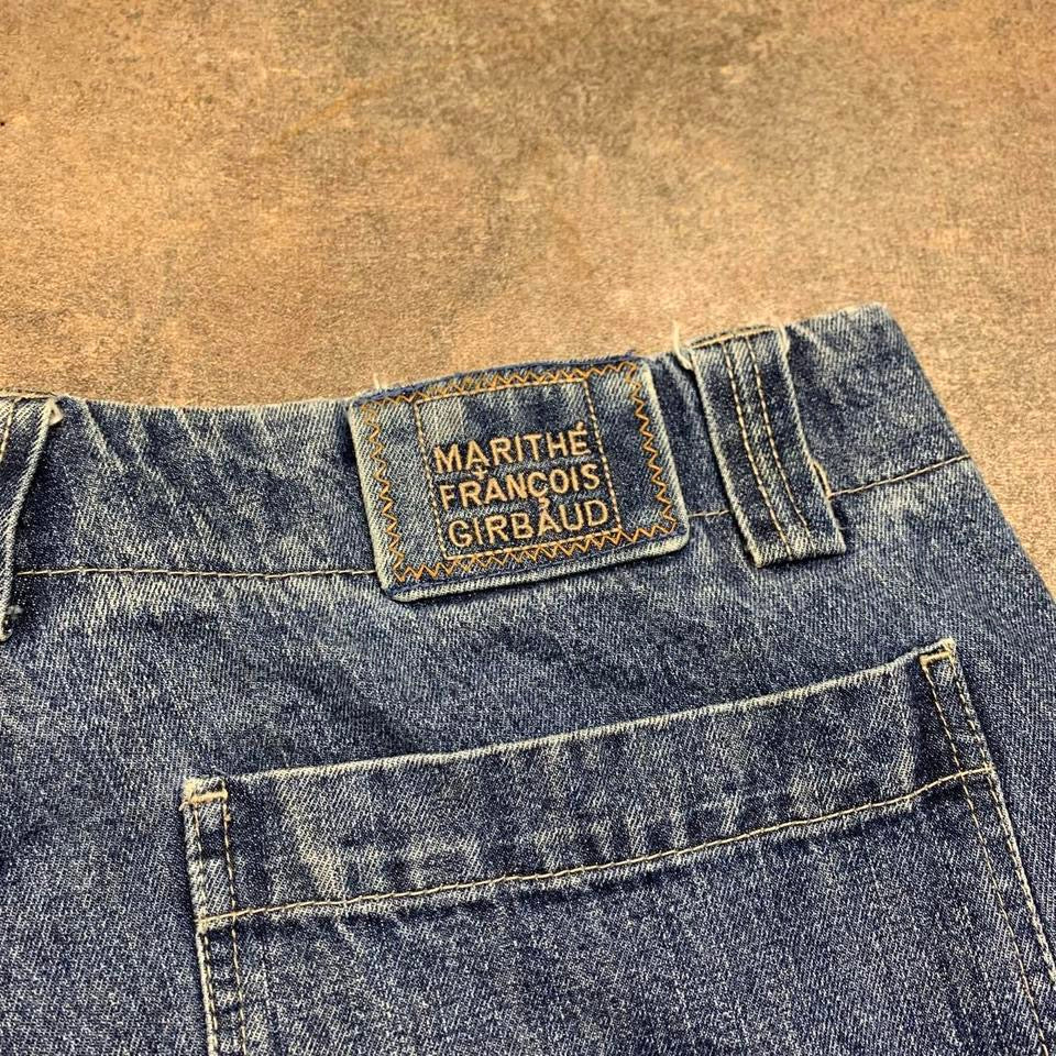 Marithé + François Girbaud 00s baggy navy blue yellow denim velcro jorts