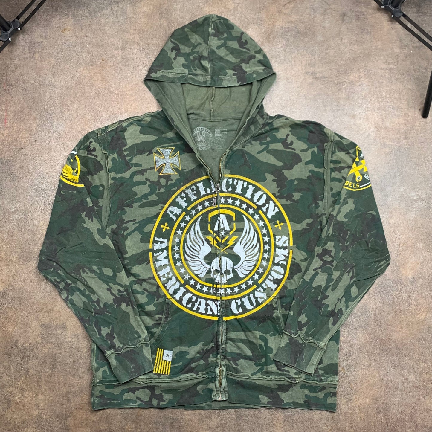 Affliction camo graphic khaki zip hoodie