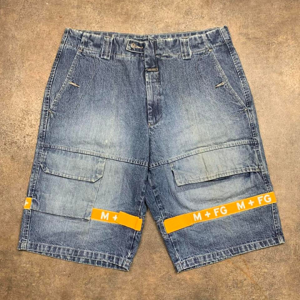 Marithé + François Girbaud 00s baggy navy blue yellow denim velcro jorts