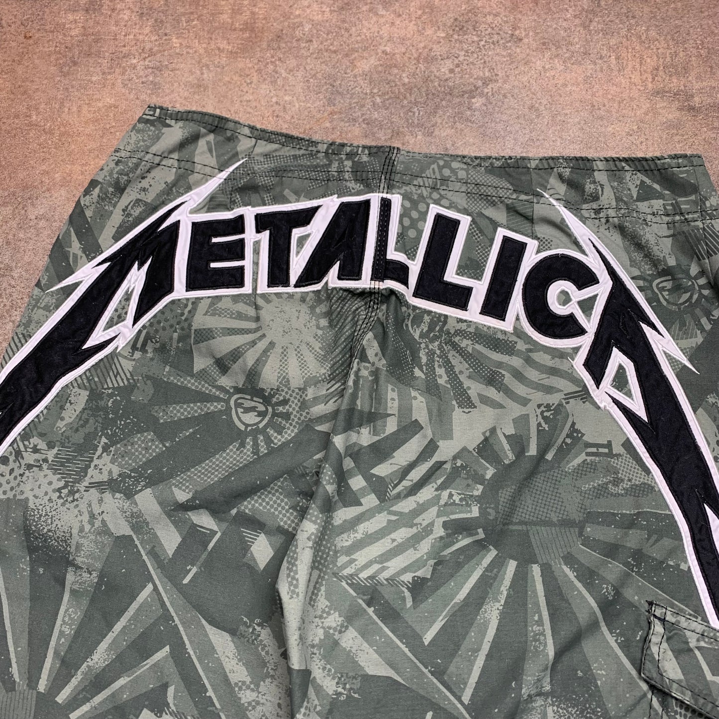 Billabong Metallica 00s graphic khaki boardshorts