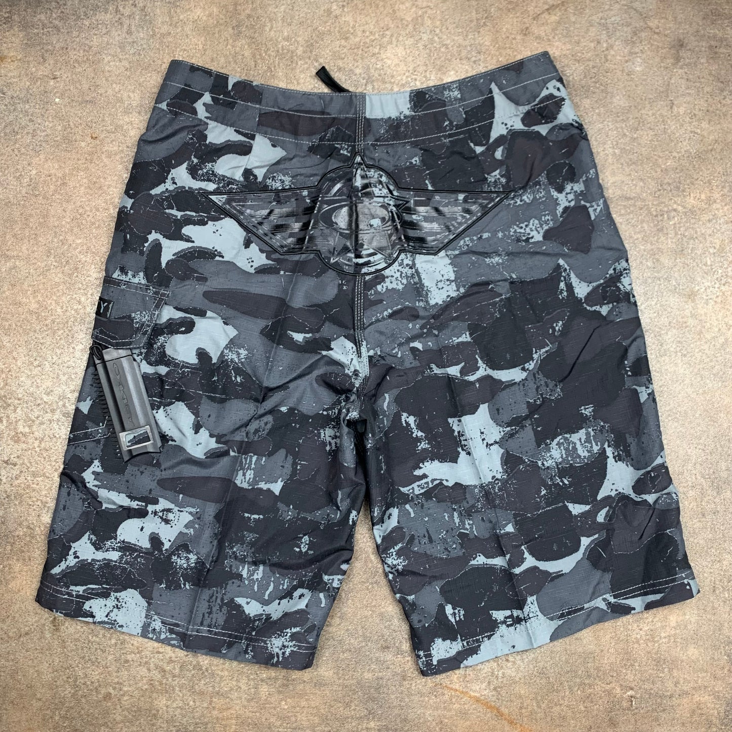 Oakley 00s black grey camo graphic boardshorts