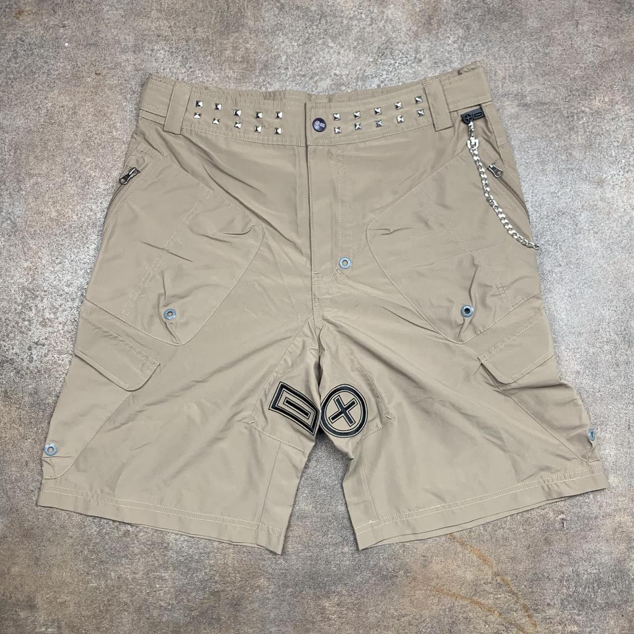 PLUSMINUS 00s beige graphic baggy studded cargo shorts