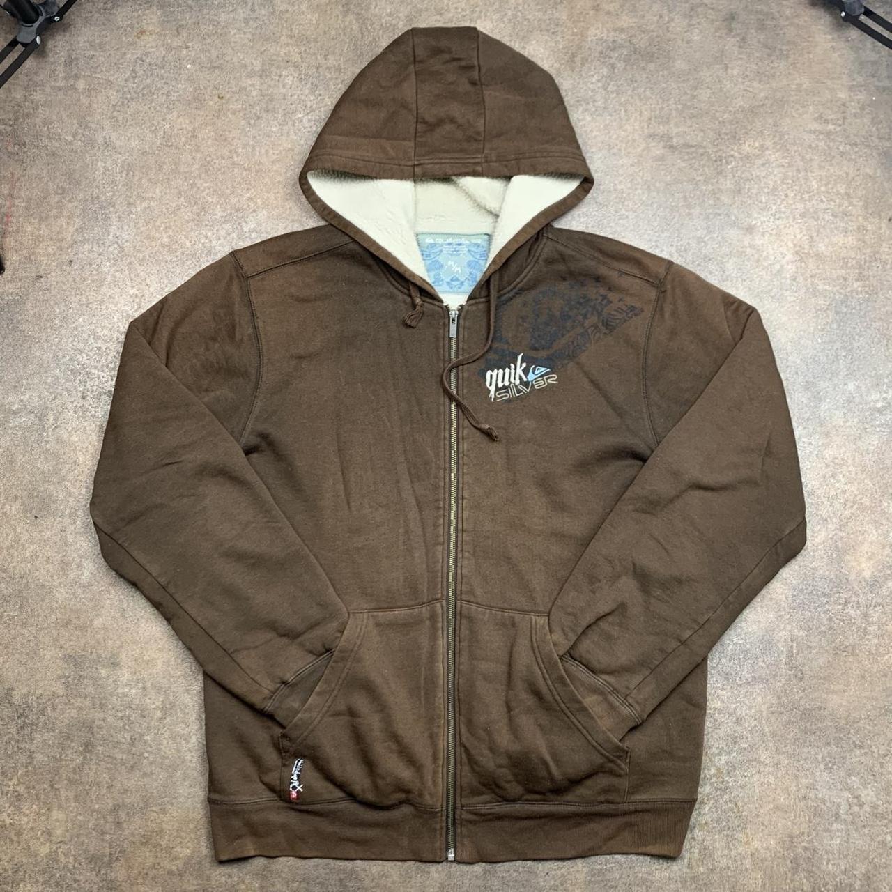 Quiksilver 00s brown fur lined boxy graphic hoodie
