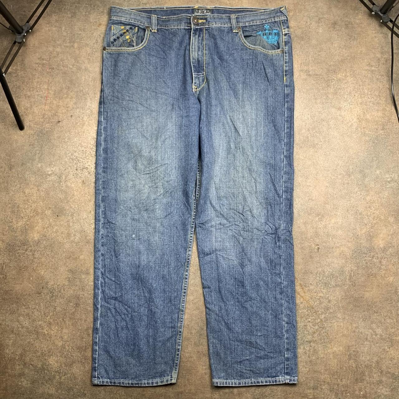 Jinzu 00s graphic baggy navy blue denim jeans