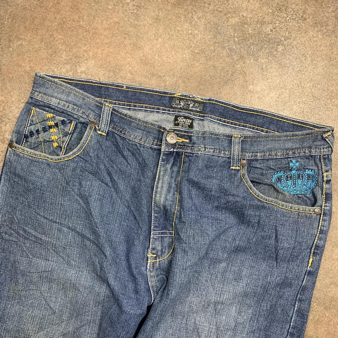 Jinzu 00s graphic baggy navy blue denim jeans