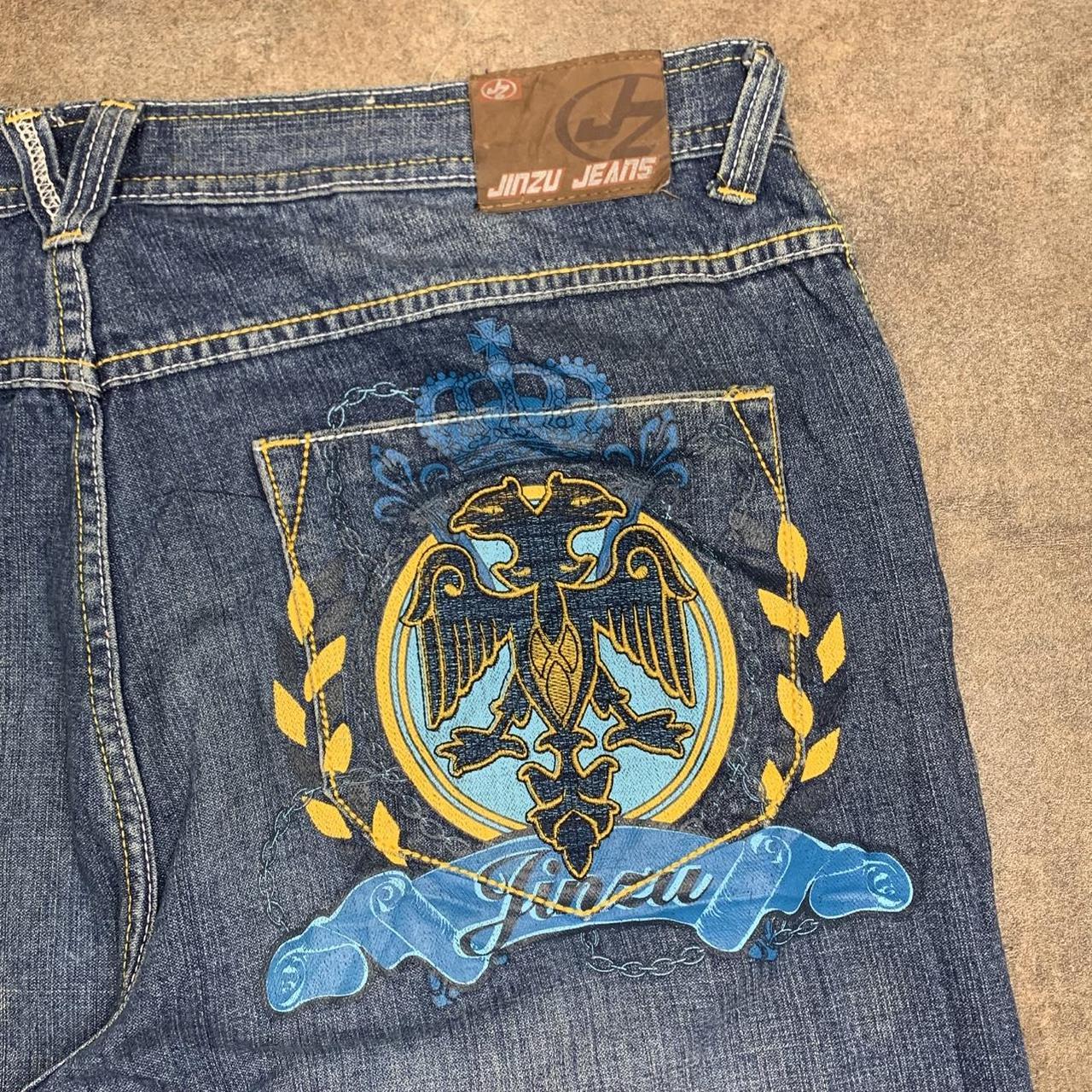 Jinzu 00s graphic baggy navy blue denim jeans