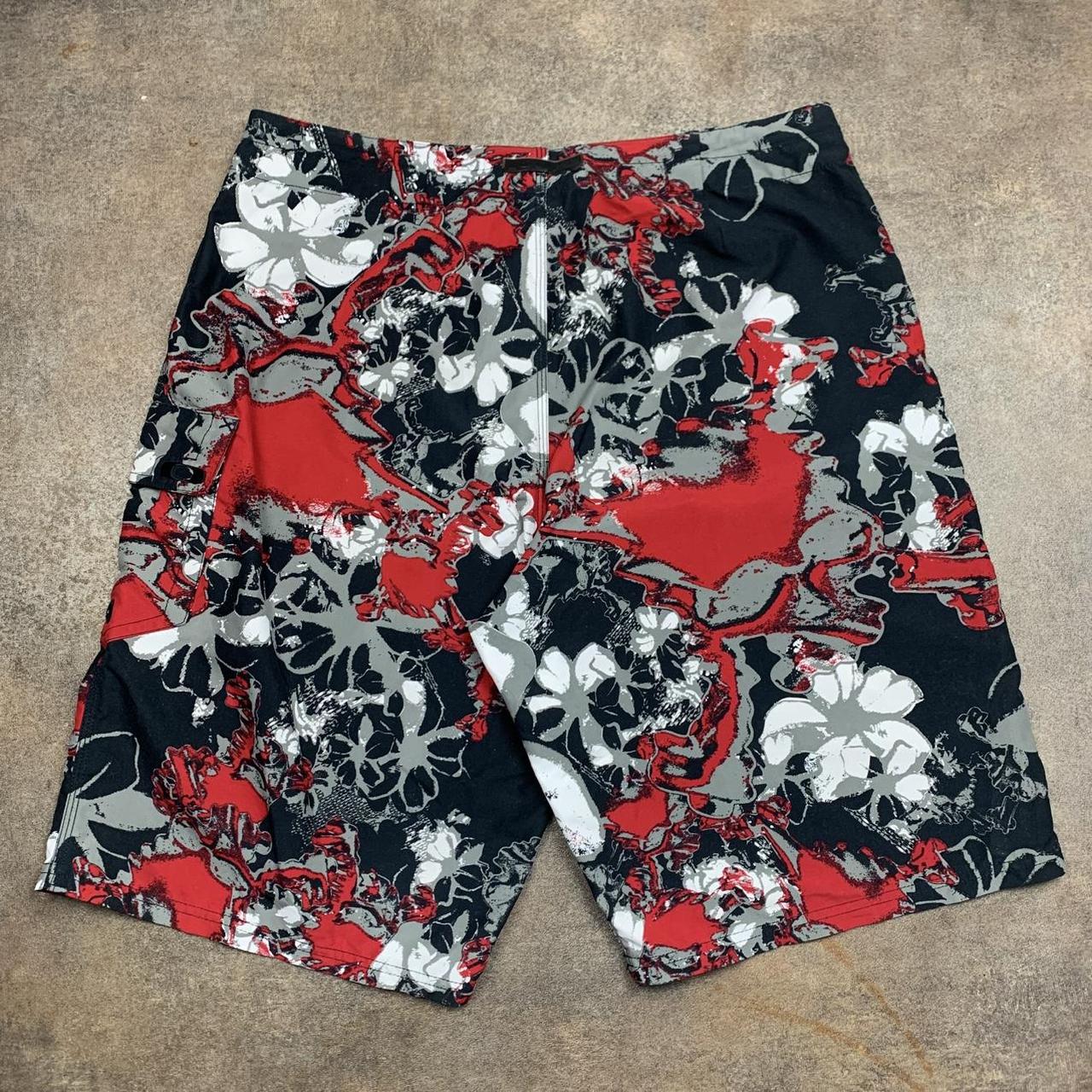 Oakley 00s black grey red graphic baggy boardshorts