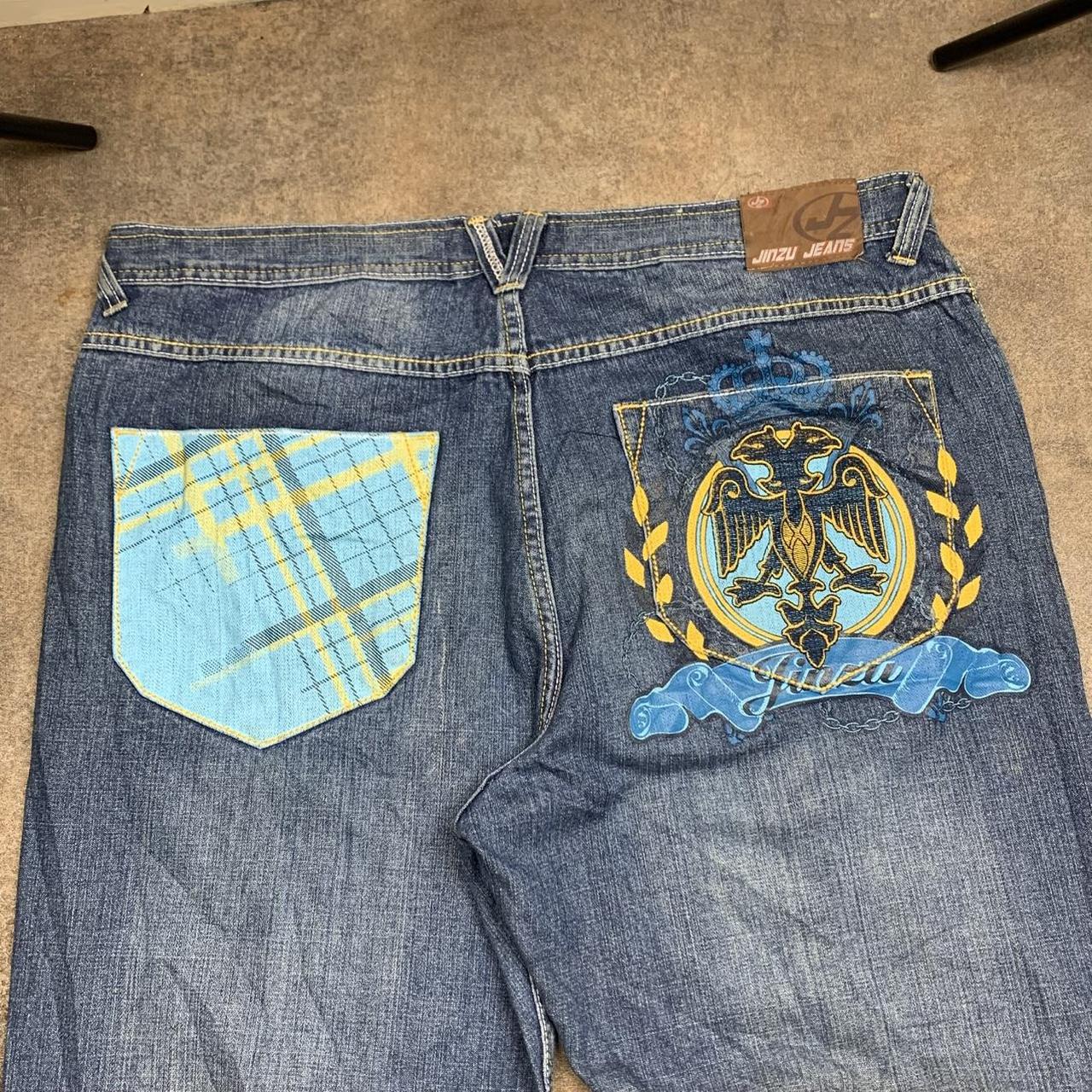 Jinzu 00s graphic baggy navy blue denim jeans