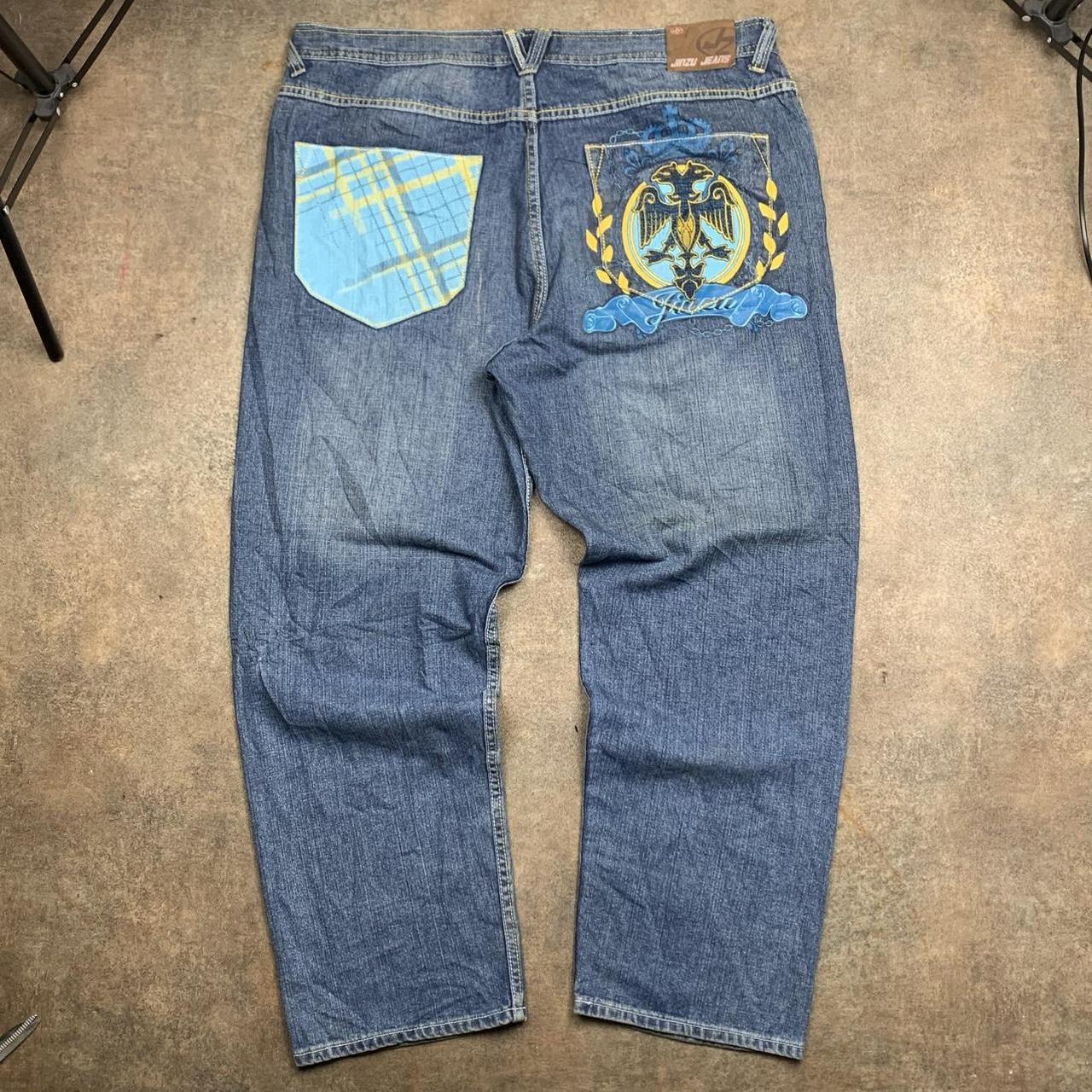 Jinzu 00s graphic baggy navy blue denim jeans