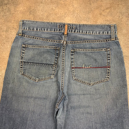 FCUK 00s blue baggy flared embroidered jeans