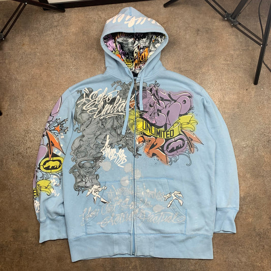 Ecko Unltd 00s light blue graphic graffiti hoodie