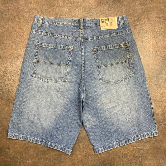 Southpole 00s blue baggy beige tab jorts
