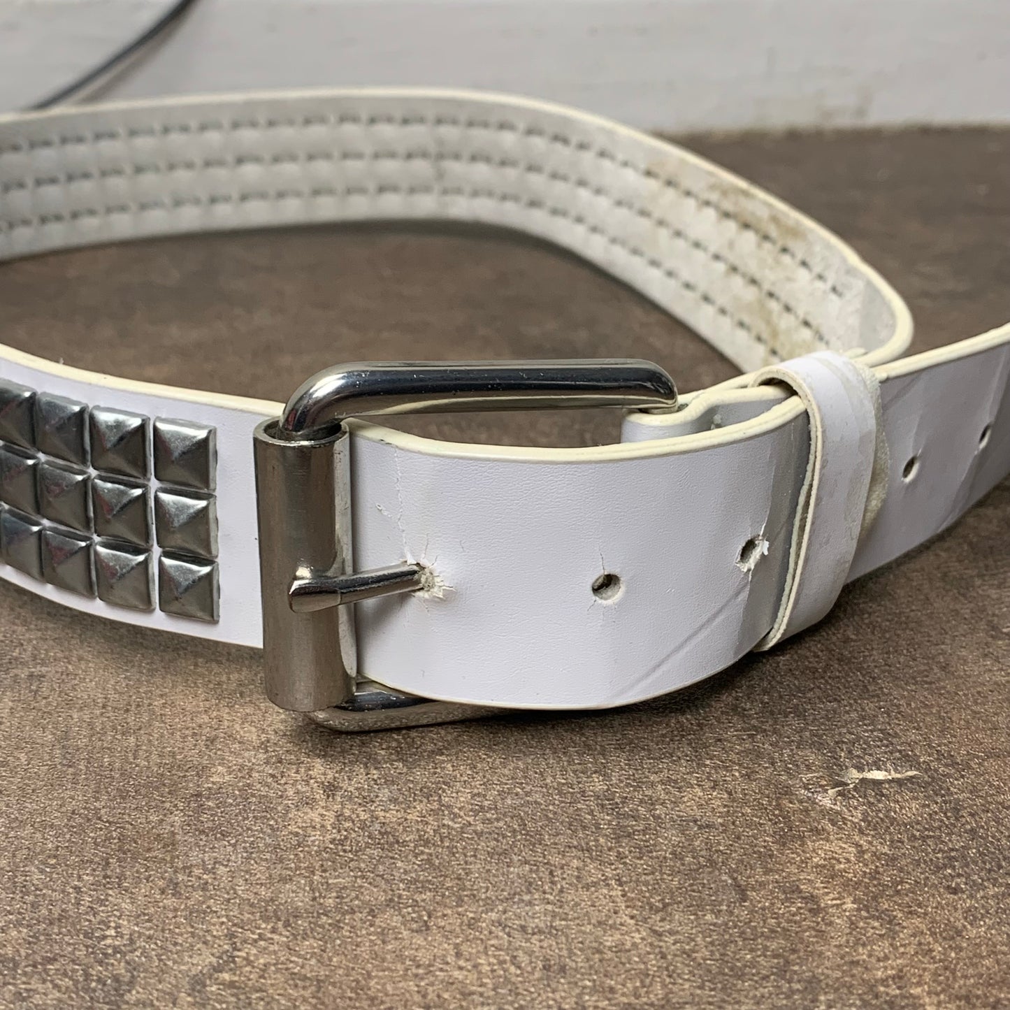 White faux leather studded belt