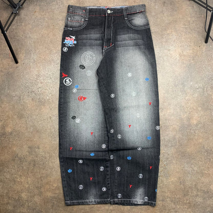 5ive Jungle and Co. baggy embroidered graphic jeans
