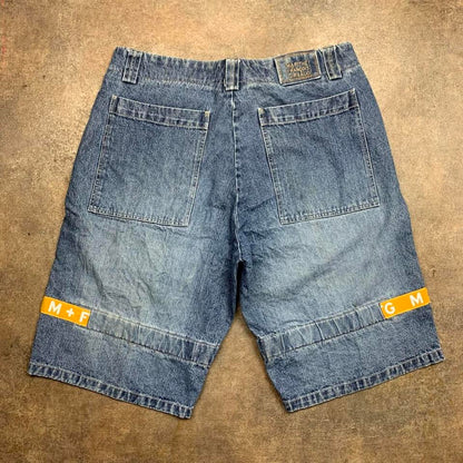 Marithé + François Girbaud 00s baggy navy blue yellow denim velcro jorts