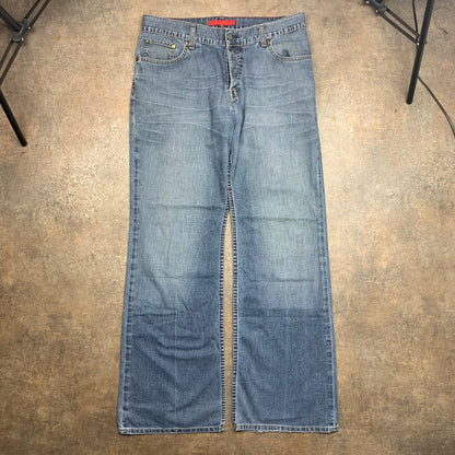 FCUK 00s blue baggy flared embroidered jeans