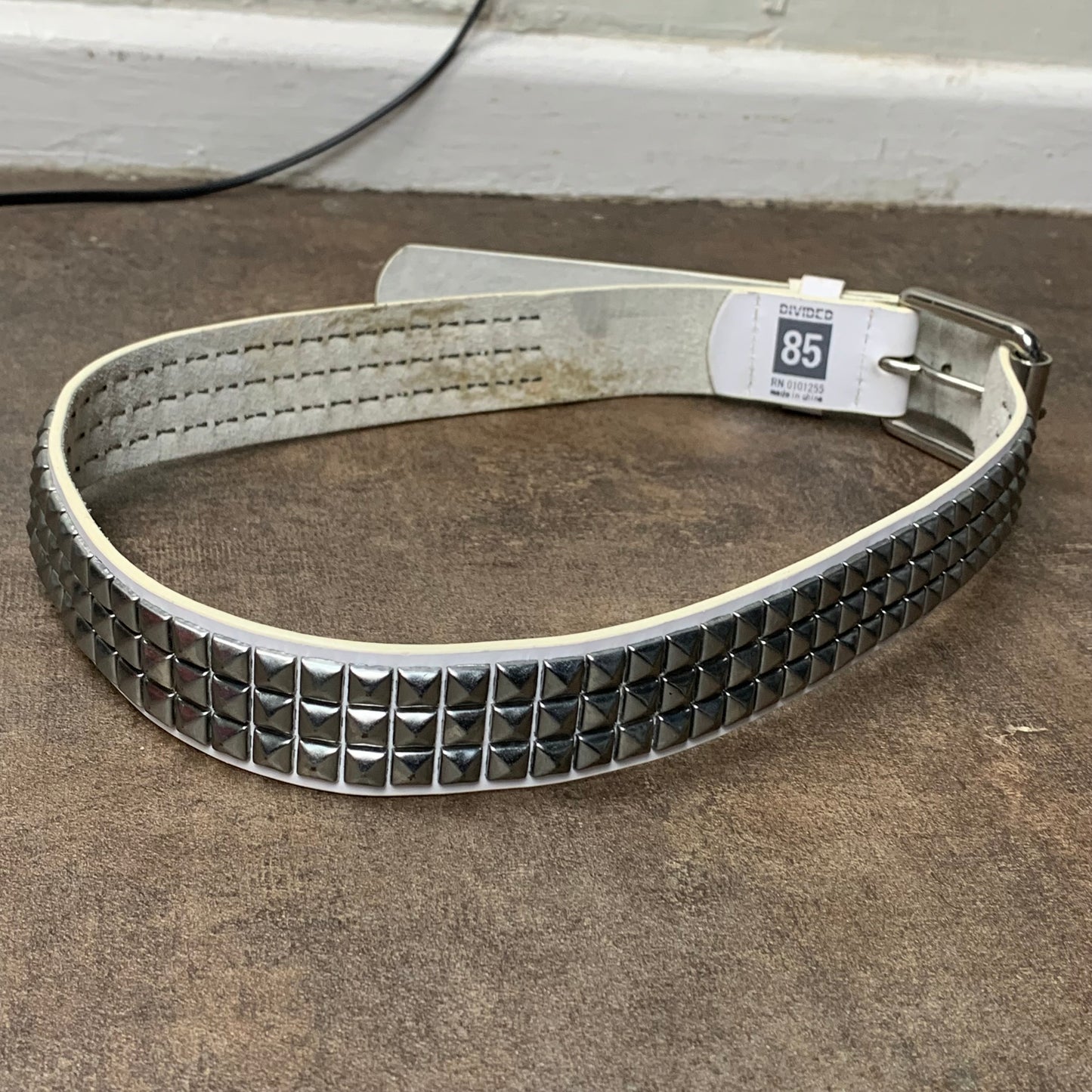 White faux leather studded belt