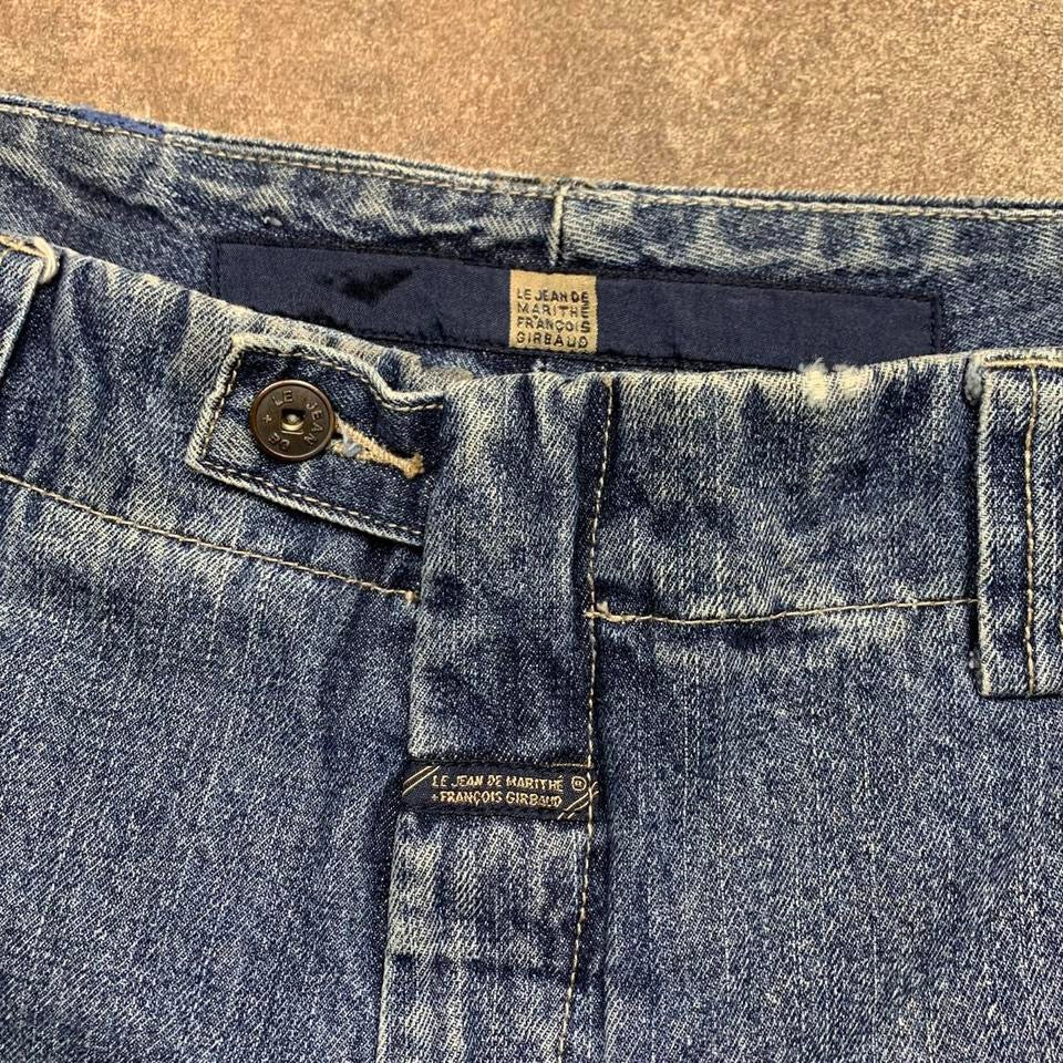 Marithé + François Girbaud 00s baggy navy blue yellow denim velcro jorts