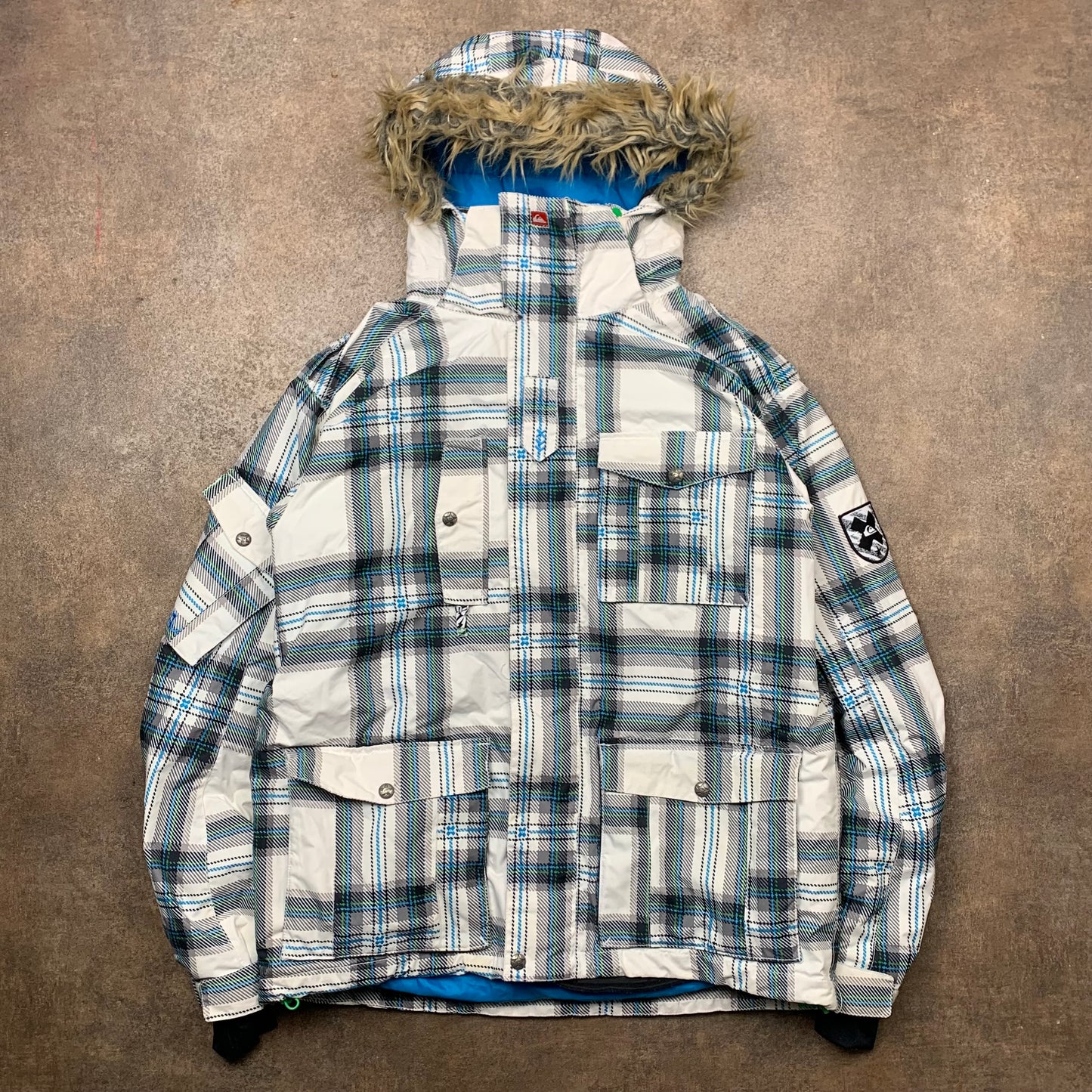 Quiksilver 00s plaid fur hood jacket (M)