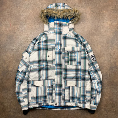 Quiksilver 00s plaid fur hood jacket (M)