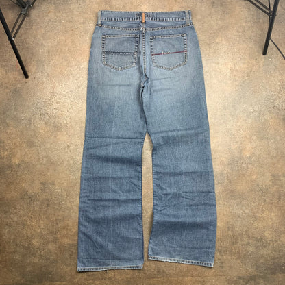 FCUK 00s blue baggy flared embroidered jeans