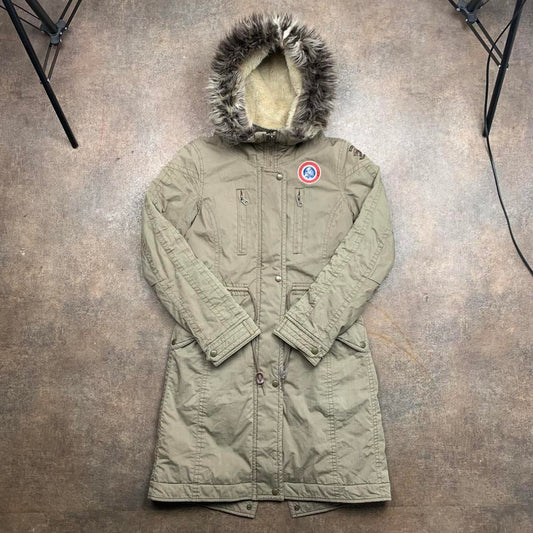 Hysteric Glamour 00s khaki-beige fur hood utilised long coat