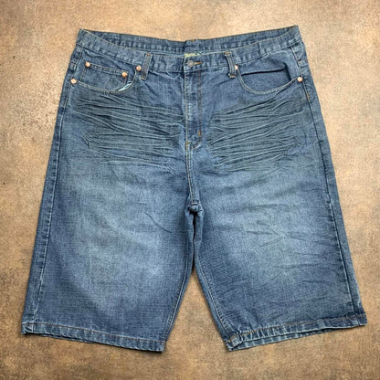 Brooklyn Xpress 90s graphic navy blue denim jorts