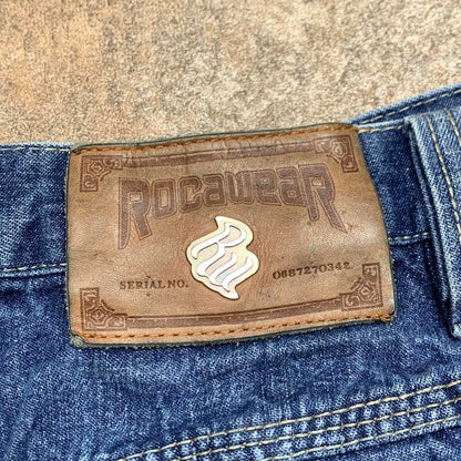 Rocawear 00s baggy navy blue carpenter graphic denim jorts