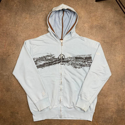 Hurley 00s graphic pale blue baggy zip hoodie