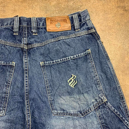 Rocawear 00s baggy navy blue carpenter graphic denim jorts