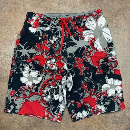 Oakley 00s black grey red graphic baggy boardshorts
