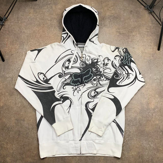 Fox Racing 00s white black grunge zip hoodie