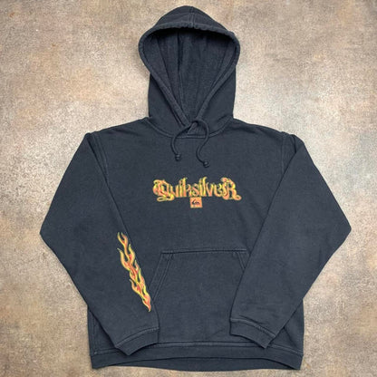 Quiksilver 90s flame graphic black boxy hoodie